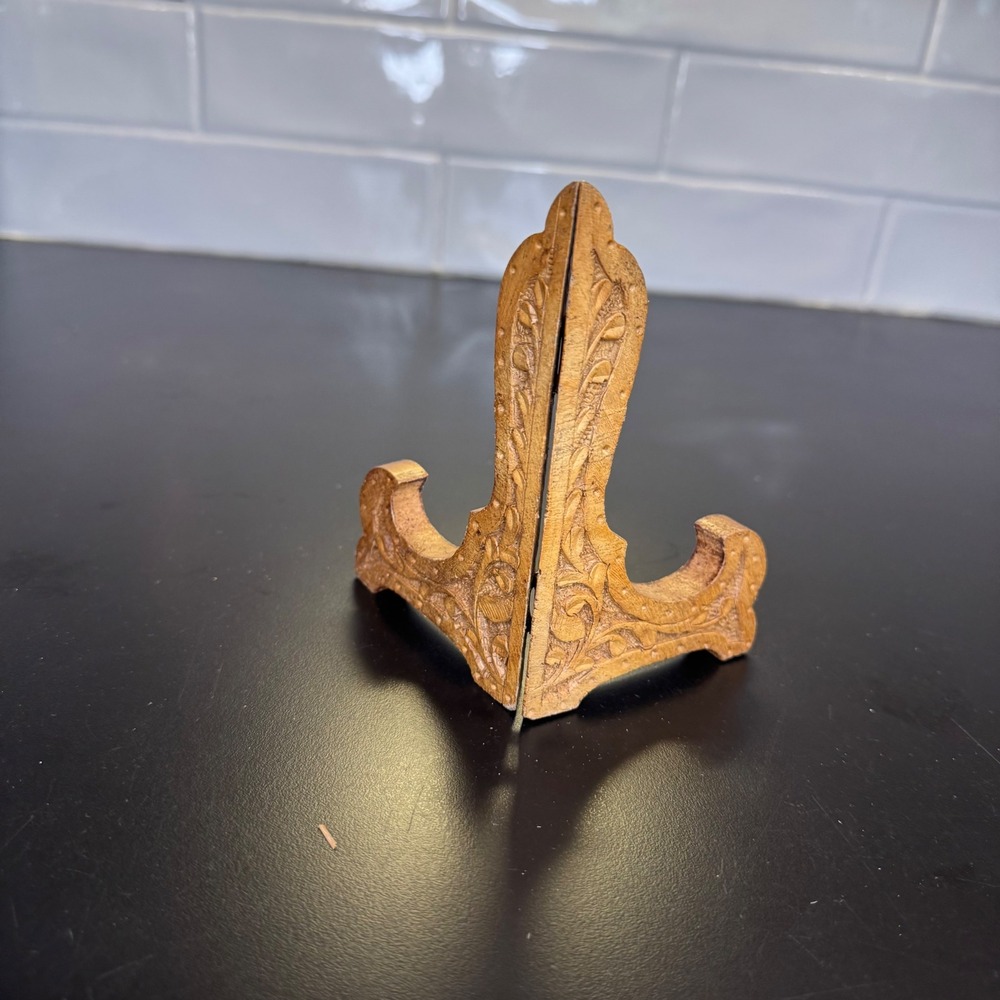 Hand Carved Floral Wood Display Easel Small Brown Folding Plate Stand 4.5in
